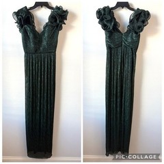 After Six 6883 Covertible Ruffle Strap Pleated Gown Metallic Evergreen S