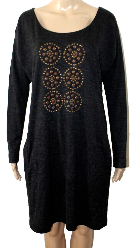 Megan Park Gray Wool Dress Beaded Pockets Long Sleeves M UK 0