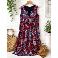 Espresso Red Blue Floral Midi Swing Dress Large Sleeveless A-Line Casual