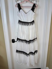 INA WHITE AND BLACK TIERED MAXI DRESS WITH LACE AND FRINGES SIZE SMALL – NWT