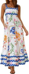 Women&rsquo;s Summer Spaghetti Straps Sleeveless Smocked Sundresses Rickrack Trim Ruff