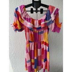 Emily Wonder Womens Multicolor Patchwork Off Shoulder Ruffle Mini Dress NWT M