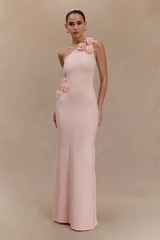 Meshki Paloma Baby Pink One Shoulder Knit Maxi Dress With Flowers Size Small NWT