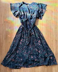 Baltic Born Black Flowy Floral Flutter Sleeve Tie Waist Fit & Flare Midi Size S