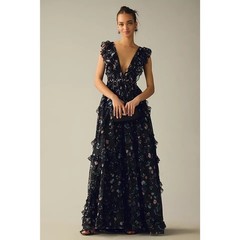 NWT❤️LEENA FOR MAC DUGGAL RUFFLED FLORAL CAP-SLEEVE V-NECK GOWN sz12