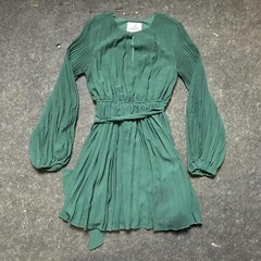 Sam Edelman Tie Belt Long Sleeve Plisse Minidress, US size 0, Hunter Green