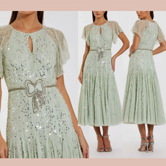NWT Mac Duggal [ 6 ] 94128 Embellished Bow Flutter Sleeve Midi Dress Sea J2159