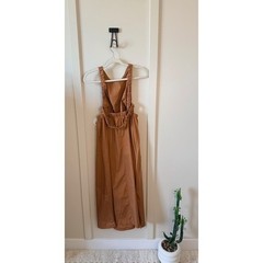 Chic Open Back Cut Out Midi Dress Rust Brown High Neck Summer Size L old money