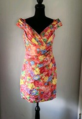 Vintage A.J. BARI off the shoulder 100% Silk dress multicolor floral size 12P