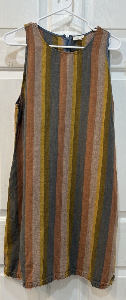 Garnet Hill Muted Stripe Linen Shift Dress Sz 12 Sleeveless Raw Hem Pockets