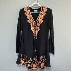 Taj by Sabrina Crippa Black Dress Copper Embroidery Long Sleeves V-Neck Size L