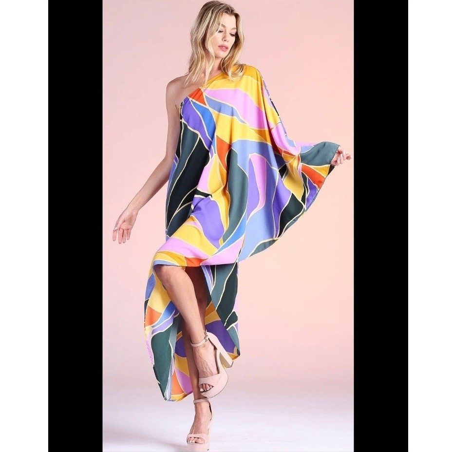 Tyche One Shoulder Abstract Geometric Printed Maxi Dress Multicolor Size S USA