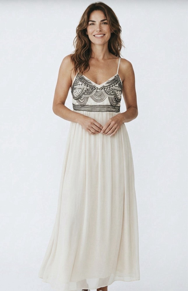 Boston Proper Ivory/Black Beaded V-Neck Spaghetti Strap Maxi Dress . Size XS