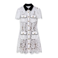 Self-Portrait Womens Summer Contrasting Color Lapel High Waist Short Lace Dress