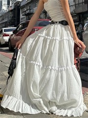 Fairycore Elegant White Smooth Hoop Dress Women&rsquo;s Elastic Waist Lotus Leaf Edge