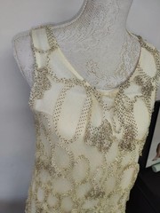YUMI Cream Mesh 3D Floral Rosette Shift Dress Polka Dot Applique Size M Wedding