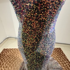 Stella Couture Multicolor Sequin Off Shoulder Mermaid Gown High Slit Train