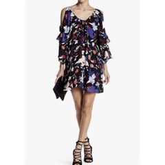 Parker 100% Silk Floral Cold Shoulder Tiered Sleeves Mini Dress Black Blue Small