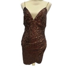 Laqueen Brown Sequin Mini Dress Open Back Lace Up Cocktail Party V-Neck (31)