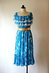 Palms Away Turquoise Blue White Tropical Palm Leaf Off Shoulder Dress Women L