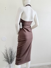 Madden Girl Brown Knit Halter Scoop Neck Open Back Grommet Midi Dress L