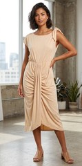 Crew Neck Cap Sleeve Ruched Draped Midi Sheath Dress br Boutique Dress