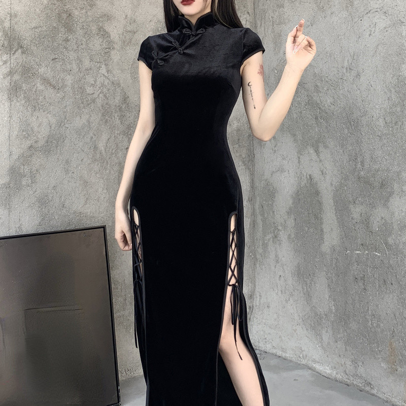 Ladies Chinese Cheongsam Qipao Long Dress Mandarin Collar Velvet Gothic Dress