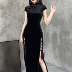 Ladies Chinese Cheongsam Qipao Long Dress Mandarin Collar Velvet Gothic Dress