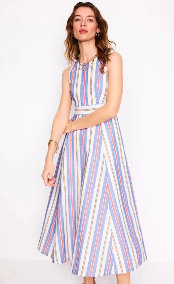 Boden blue cream multi stripe linen mix midi Dress Size 18 RRP £157