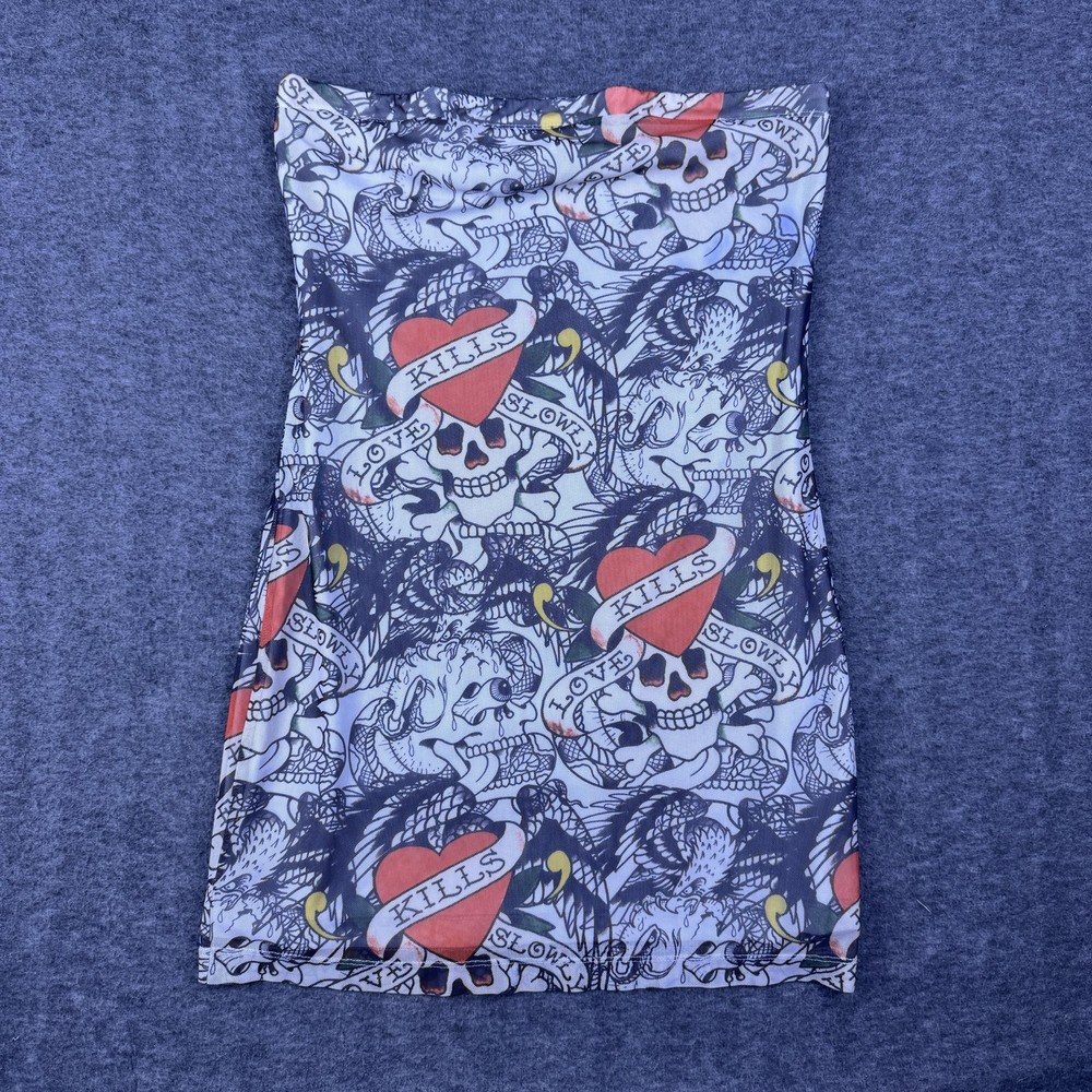 Ed Hardy Dress Womens Large Multicolor Strapless Bodycon Skull Tattoo Mini Party