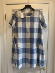 Buffalo Check Plaid Everyday A LINE LINEN COTTON Dress BLUE White XL