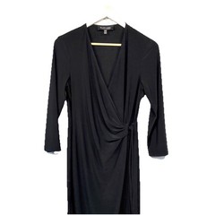 Black Label by Evan Picone Faux Wrap Dress Size 10 Black Slinky knit 3/4 sleeves