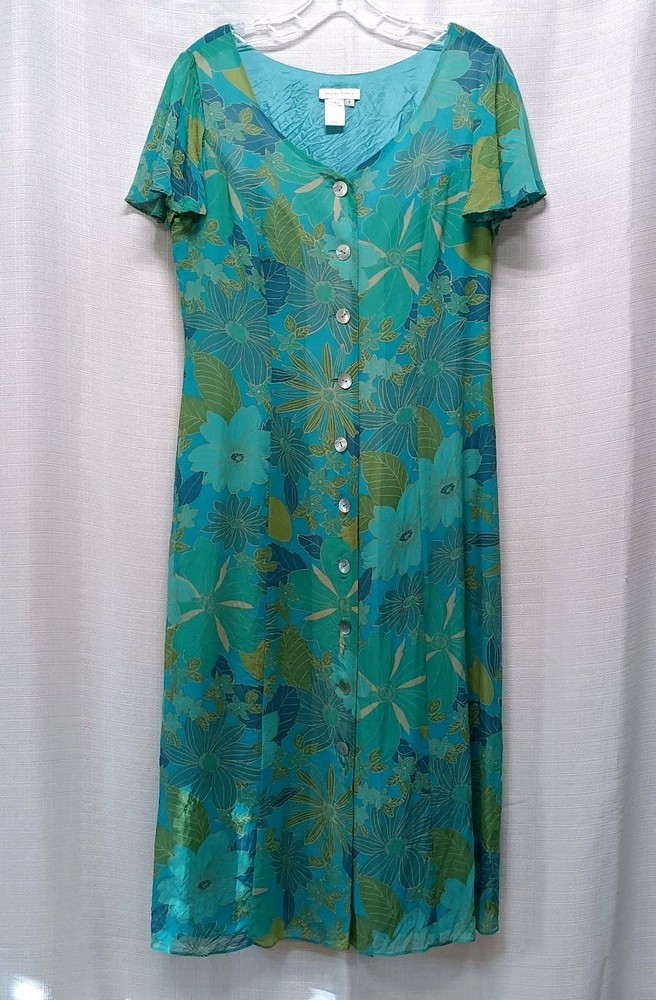 London Times Teal Green Shell Front Button Long Bell Sleeve Floral Dress Sz 8