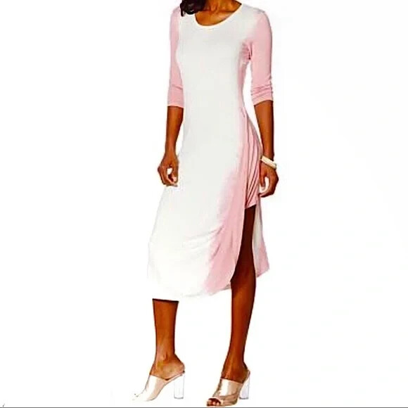 Modern Soul French Terry 3/4 Sleeve Gathered Dress, Pink, S