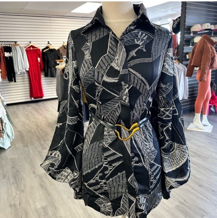 Luxxel Black and White Patterned Button Up Collared Satin Tunic with Belt