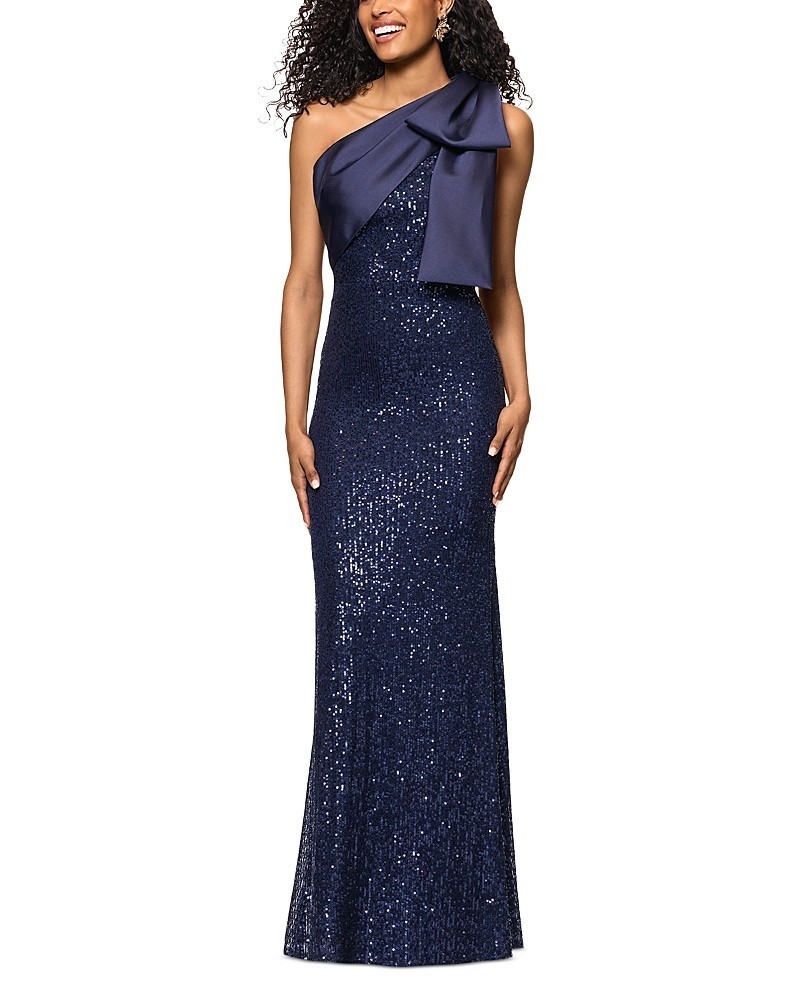 Aqua Formal Long Allover Sequined Bow Dress Women&rsquo;s 12 Navy Asymmetrical Neck
