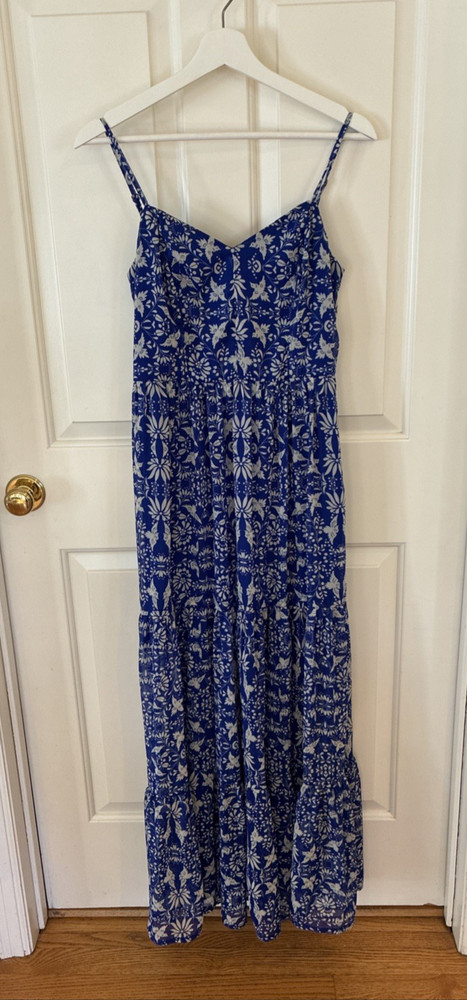 Womens Tiered Sleeveless Maxi Dress Sz S Blue White Bird Floral Boho Whimsical