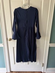 ASOS Navy Blue Floral Embroidered Pleated V-Neck Bell Sleeve A-Line Dress 2