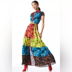 NWOT ALICE + OLIVIA Miranda Tiered Collar Maxi Dress Size 2 Red Yellow #9G607