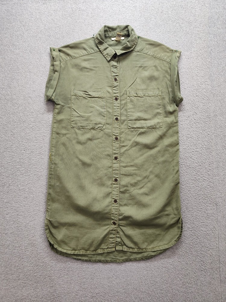 Forever 21 Women Dress S Olive Green Pockets Collar Short Sleeve Button Up Party