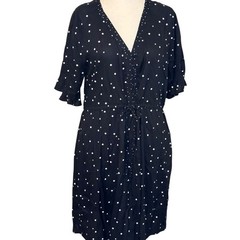 Next dress black and white short sleeve dot pattern open neck tie waist US Sz 12