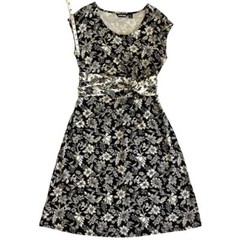 Lands End Knee Length Floral Pull Over Knit Sheath Dress Black White 10 or M