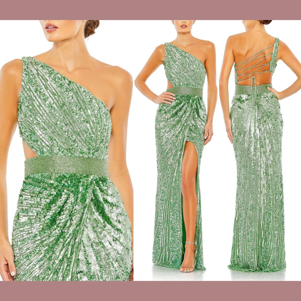 NEW Mac Duggal [ 12 ] 5687 Sequined One Shoulder Draped Lace Up Gown Sage #S770