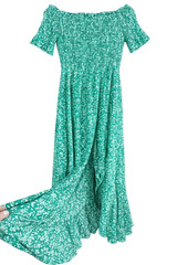Lulus Off Shoulder Maxi Dress Womens Sm Green Floral Smocked High Low Ruffle