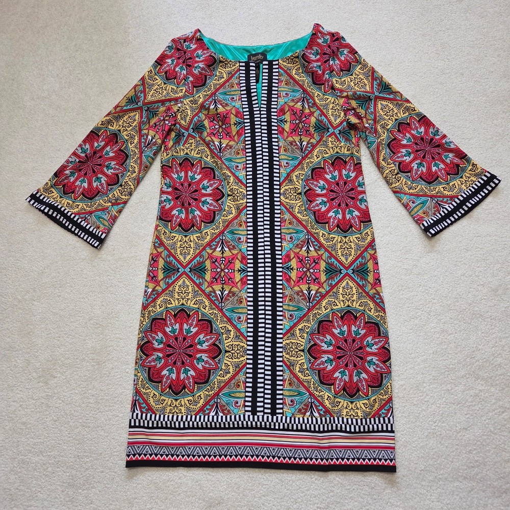 Laundry By Shelli Segal 8 Vibrant Lined Shift Dress Tunic 3/4 Bell Sleeve