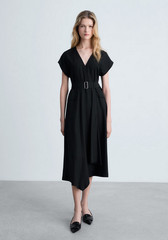 NWT MANGO MNG $100 BLACK A-LINE BELTED ASYMMETRICAL DRESS SZ S US 4
