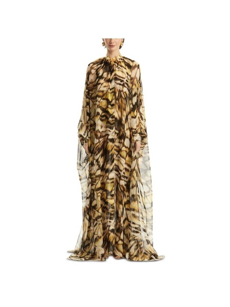 Oscar de la Renta Long Sleeve Abstract Butterfly Silk Chiffon Caftan, Size M