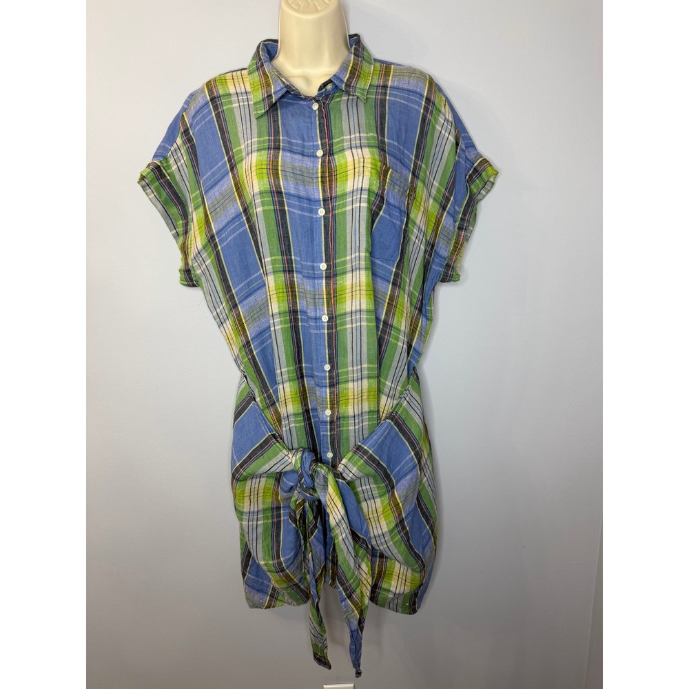 Lauren Ralph Lauren Linen Plaid Tie Front Mini Shirtdress Sz 14