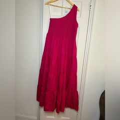 ELOQUII Smocked Bodice One Shoulder Tiered Maxi Dress Hot Pink Plus Size 16