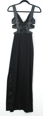 ALAIA $4,900 Fall 2021 Black Hammered Satin & Leather Cut-Out Evening Gown 34